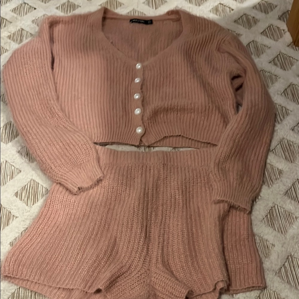 Pink Knit Cardigan and Shorts Set